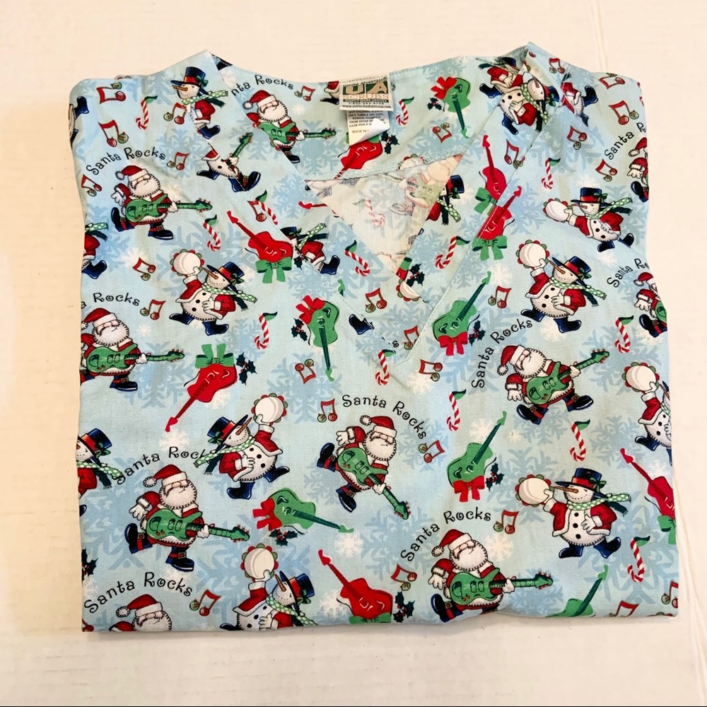 Santa Rocks Guitar Snowman NURSE SCRUBS TOP Small